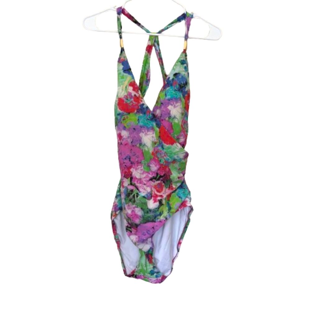 Lands' End Cross Back One Piece Swimsuit Ruched Multicolor Floral Plus Size 14‎
